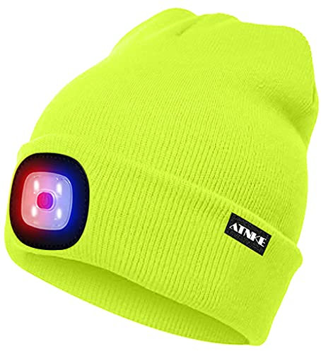 ATNKE LED Beleuchtete Mütze,Wiederaufladbare USB 4 LED Rot und Blau Leuchten Laufmütze mit Licht Extrem Heller Lampe Winter Warme für Herren und Damen Geschenke/Fluorescent Yellow