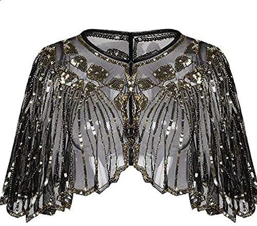Central Chic © Vintage Style Gold Sequin Capelet Beaded Shawl Scarves Wedding Bridal Evening Cape Flapper Great Gatsby 1920s Costume Party Christmas Party Cover Up Sparkly Shawl (Gold Sequins)