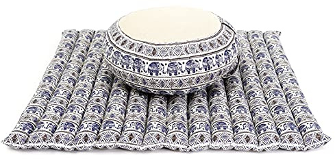 Leewadee Meditation Cushion Set – 1 Round Zafu Meditation Pillow and 1 Square Roll-Up Zabuton Meditation Mat, Pillows Bundle Filled with Eco-Friendly Kapok, Blue White