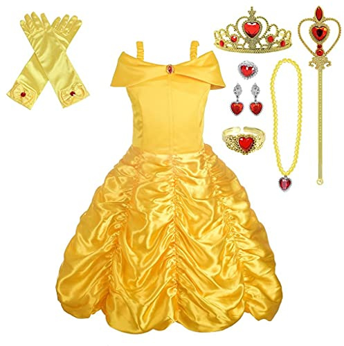 Lito Angels Vestido de Princesa para Niñas, Amarillo | Falda fruncida, Lazo desmontable, Disfraz de Halloween, Carnaval, Fiesta de cumpleaños