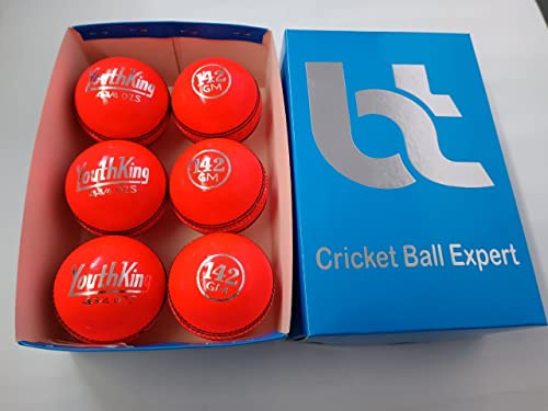 BT röd orange 142 g cricketboll - paket med 6 äkta läder cricketbollar för internationell standard cricket | fladdermusvänlig hård cricketboll tillverkad av hållbara källor | 142 g för barn och damer
