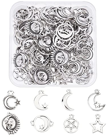 SUPERFINDINGS 96Pcs 8 Styles Tibetan Style Alloy Pendants Star Moon Jewelry Charms Hollow Star Pendant Moon Dangle Pendants for DIY Necklace Bracelet Jewelry Making