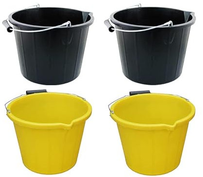 [Set of 4] 2 x Black With 2 x Yellow 14L Litre Strong Plastic Builders Bucket 3 Gallon Multipurpose Storage Bucket With Metal Handle & Spout For Cleaning Animal Feed Mixing Construction Home & Garden