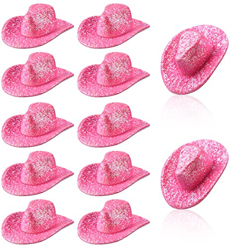 Sotiff 12 Pcs Mini Western Cowboy Hat Small Disco Hat Miniature Cute Cap for Party Drinks Cupcake Toppers(Glitter Pink)
