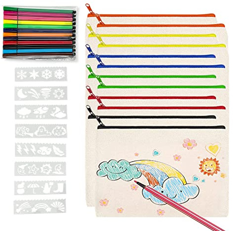 12 Pcs Pochette Tissu Zippée，Trousse a Colorier，Sac en Toile à Fermeture Éclair Colorée，Livré avec 12 Crayons Couleur et Gabaritdessin，Convient pour L'anniversaire des Enfants, L'école, Le Mariage