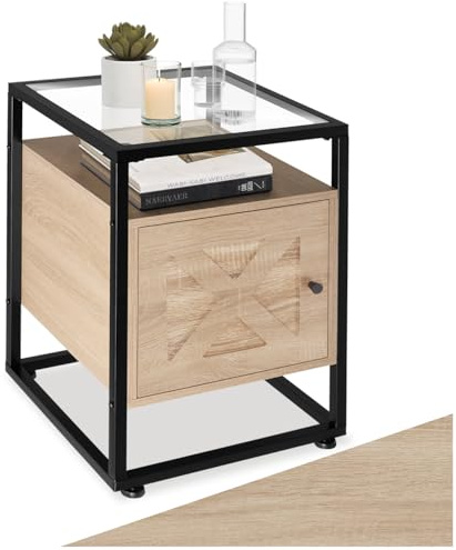 tectake® Nachttisch mit Glasoberfläche, 40 x 43 x 60,5 cm, Beistelltisch Holz + Metall, Nachtschrank für Boxspringbetten, Deko Schlafzimmer, Deko Wohnzimmer - Industrial Holz hell, Eiche Sonoma