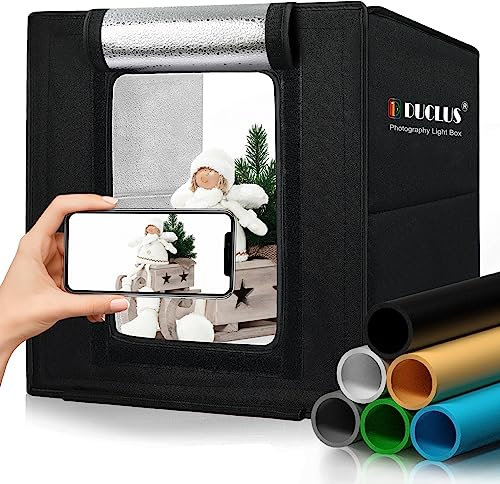 Light Box Photography 25cm, DUCLUS Mini Photo Studio Light Box Kit with 104 LED Lights Dimmable, 6 PVC Backdrops for Miniature Small Product Photography
