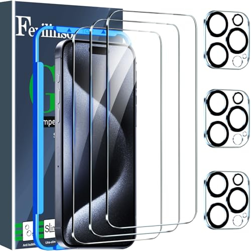 Ferilinso [8-en-1] Protection Verre Trempé pour iPhone 15 Pro Accessoire 4 Pièces Vitre Protection écran 4 Pièces Protection Camera Objectif Arriere Appareil Photo Coque Amical