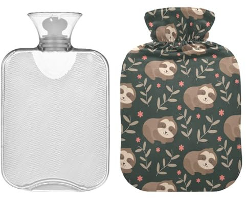 ZZXXB Faultier Wildflorals Wärmflasche mit Fleece-Bezug, PVC-Wärmbeutel, 2 Liter