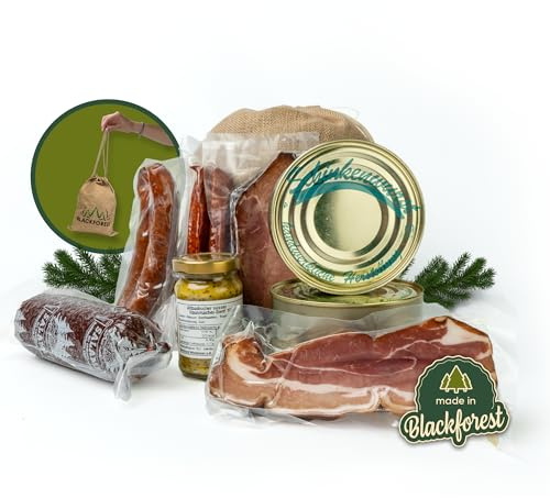 Schwarzwald Metzgerei - Geschenkkorb 9-teilig im Leinentäschle – Präsentkorb mit traditionellen Wurstspezialitäten wie zB. Schwarzwälder Schinken, Bauchspeck, Salami, Leberwurst, Landjäger