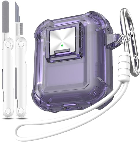 RFUNGUANGO Schutzhülle Kompatibel mit AirPods mit Schloss, transparent, transparent, Militärqualität, stoßfest, mit Reinigungsset, kompatibel mit Apple Airpods 2./1. Ladehülle,Klares Lila