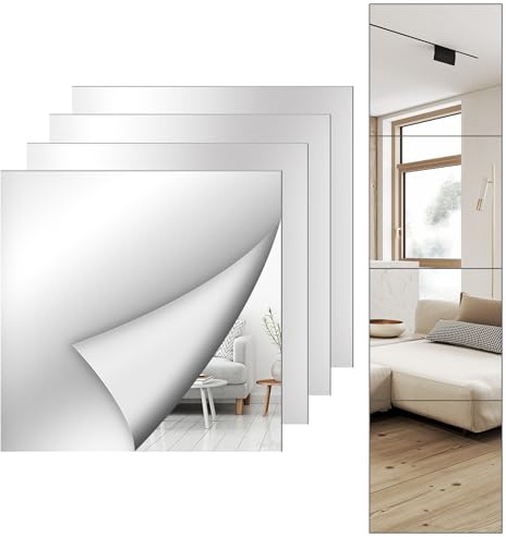 Shiftshade 4 Pack Wall Mirror Full Length, 12 x 12 Inch Acrylic Mirror Tiles, Shatterproof Flexible Plastic Mirror Sheets for Bedroom Home Gym Door