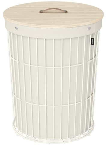 SONGMICS Wäschekorb mit Deckel, Wäschesammler rund, 95 L, Beistelltisch | herausnehmbarer Wäschesack, für Waschküche, Schlafzimmer, Wohnzimmer, cremeweiß, STOUT Kollektion LCB160W01