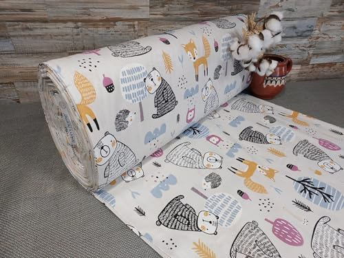 240cm Breit Meterware ab 50cm Popeline Baumwolle Stoff Baumwollstoff Kinderstoffe Stoffe Fuchs-Bär Babystoffe Stoffe Baby Bastelstoff Ranforce Kinder ÖKO-TEX VP0K048 (Überwiegend Blau)