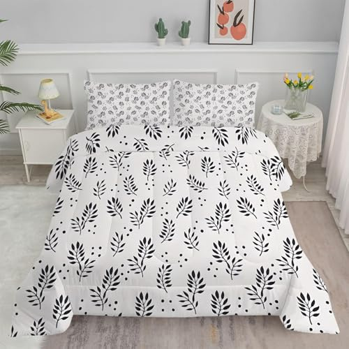 PNHCL Edredon Nordico Cama 90, Relleno Nordico 155x220 cm con 2 Fundas Almohada, Hojas Negras Reversible Edredón de Fibra 240gr/m², Ligero, Suave, Transpirable para 4 Estaciones, Gris