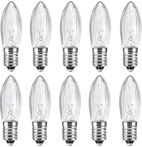 Caldarax 10 Stück E10 16V 3W Ersatzbirnen Glühbirne Topkerzen für 15 Schwibbogen, Warmweiß 2700K, 30LM, Klar Riffelkerze Spitzschaftkerze, für Brennstellen, Lichterketten, Schwibbogen, Weihnachtsbaum