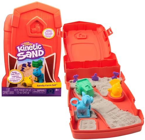 Kinetic Sand Sandy Farm Set - mit 340 g original kinetischem Sand aus Schweden, erfüllt alle gesetzlichen Anforderungen, mit Stempeltieren und Traktor für kreatives Indoor-Sandspiel, ab 3 Jahren