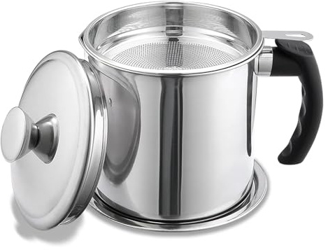 Bacon Grease Container with Strainer & Lid, 1.4L Stainless Steel Grease Saver Keeper Pot Can, Cooking Oil Strainer Filter for Kitchen