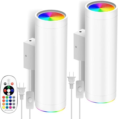 Hawady Wall Sconces Set of Two - 16 Color Changing Night Lights Plug into Wall, RGBW Wall Lamp with Remote, LED Up Down Lights for Bedroom Living Room