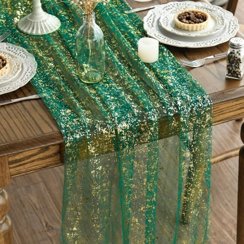 Artoid Mode Gaze Tüll Glitter Folie Grün Gold 3 Stück Tischläufer 70x300 cm, Küche Tisch Dekoration Drinnen Urlaub Party Dekor