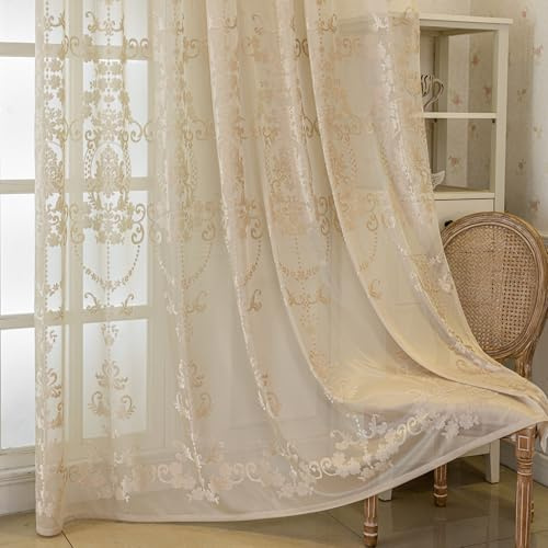 Ricemru Wohnzimmer Gardinen Creme Transparent Ösen Jacquard Barock,Vorhänge Schlafzimmer Landhausstil Blumen,Vintage Ösenschal Dekoschal Gardinenschal 2er Set 140x225