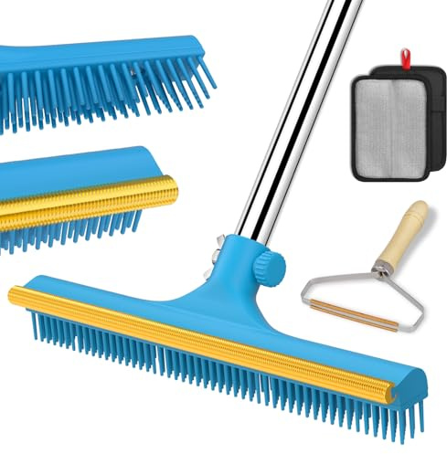 3 in 1 Carpet Rake for Pet Hair Removal, Reusable Pet Hair Remover Broom, 60'' Adjustable Long Handle Dog and Cat Hair Remover Tool Set of 3, Lint Remover Scraper for Carpets, Rugs, Mats, Couch, Car