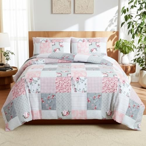 PHP Rich Cotton Duvet Cover Set - Soft Thick Solid Denim Pattern Printed Duvets Quits Covers 3Pcs Comforter Bed Cover Bedding Set with 2 Pillow Shams (King, Floral Grey)