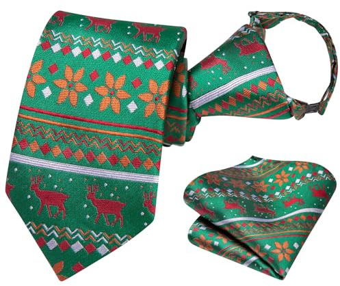 Hi-Tie Krawatten-Set für Jungen, vorgebundene Seide, Weihnachts-Krawatten für Jungen 8–11, Blau, Rot, Grün, XMS Kinder-Krawatte, Einstecktuch für Weihnachten, Grün / Rot, M