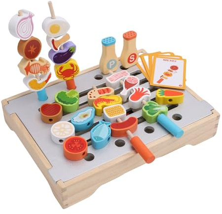 Fockety Ensemble de Barbecue en Bois pour Enfants, Jouet de Cuisine Multifonctionnel avec 25 pièces d'aliments et d'ustensiles de Cuisson, des garçons et Filles âgés de 3 Ans et Plus
