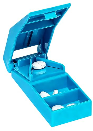 Blauer Quadratischer Tablettenteiler, Tablettenschneider mit Edelstahlklinge Einfach Zu Reinigen Pillenteiler, Inklusive Praktischem Aufbewahrungsfach für Geteilte Tabletten und Tablettenspalter