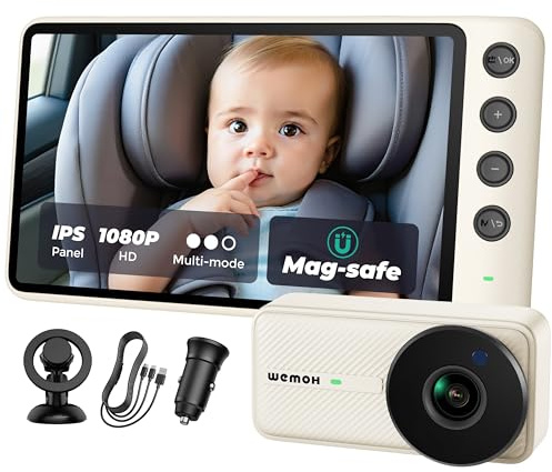 Cámara de coche para bebé magnética WEMOH NO.1 con monitor IPS de 1080P, visión nocturna automática y montaje magnético – Pantalla de 5, modos de zoom/espejo, alimentación por USB, configuración en 5