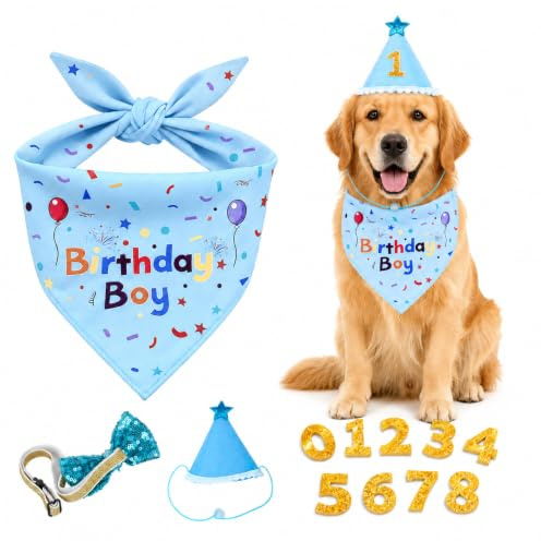 1 Set Hunde Geburtstag Deko, Mütze Hund Geburtstag Bandana, (Blau) | Hunde Halstuch & Partyhut, Hundemütze, Hundegeburtstag Deko Geburtstagsmütze Schal-set, Krawatte Geburtstagshut Zubehör