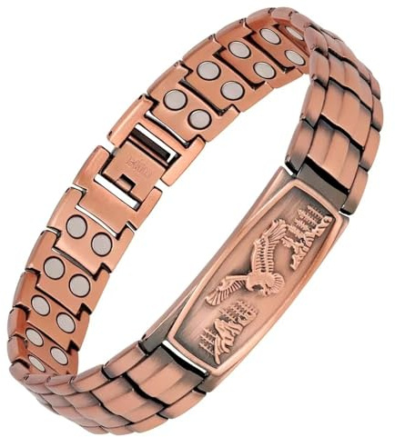 Kraftfullt koppararmband för män, neodym ren koppar magnetiskt armband med justerbar längd, smycken gåva örn ikon för män 2 rader magneter