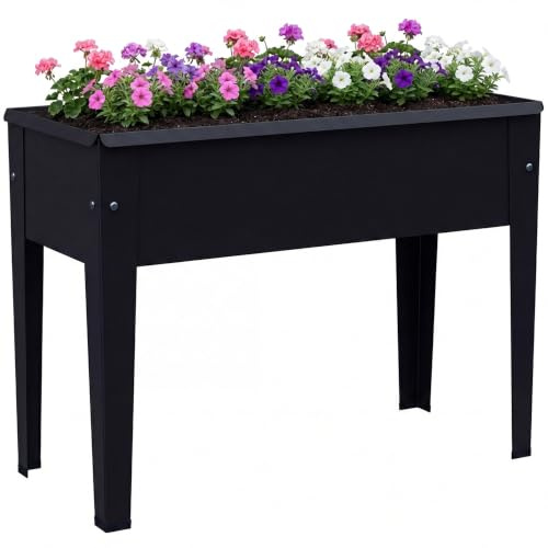 Outsunny Raised Planter Metal Garden Bed on Legs with Drainage Hole, Black | Foot Covers, Outdoor Elevated Garden Planter, for Vegetables, Herbs, Flowers