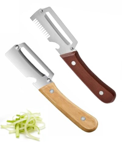 RAVNIX 2 Piezas Pelador Multifuncional de Verduras, 3 en 1 con Mango de Madera, Cortador de Verdura y Abrelatas, Ergonómico y Antideslizante, Pelador de Patatas, Espárragos y Frutas