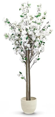 MAIA SHOP Almendro Artificial 150 cm - Arbol con Flores Blancas de Interior | Tronco de madera natural y flores blancas de PE - 150x60 cm - sin riego ni poda - maceta negra incluida - uso en interior