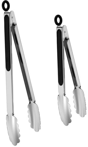 Lyxa SR 600℉ Heat Resistant Kitchen Tongs with Locking, Set of 9-inch and 12-inch Stainless Steel Metal Cooking Tongs with Non-Slip Grip, Perfect for Grilling, Barbecue (BBQ) and More
