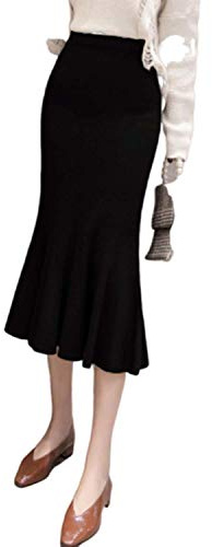 GL SUIT Midi kjol stickad retro sjöjungfru kjol vintage lång bodycon volang fisktail kjol penna kjol, svart, onesize