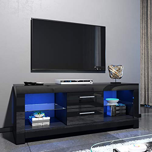 ELEGANT 130cm LED TV Cabinet Modern Black Gloss TV Stand with RGB Lights | TV Unit with 2 Drawers, Entertainment Centre for Living Room and Bedroom with Storage Furniture for Up to inch 4k TV