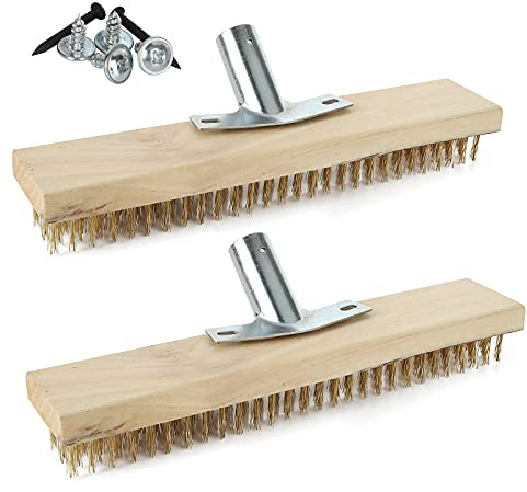 AHUNTTER 2PCS 12 Stiff Steel Wire Broom Head, Sweeping Brush, Heavy Duty Outdoor Yard Brush Steel Bristles for Deck Scrub Decking Paving Patio Paths Drives, With Iron Accessories