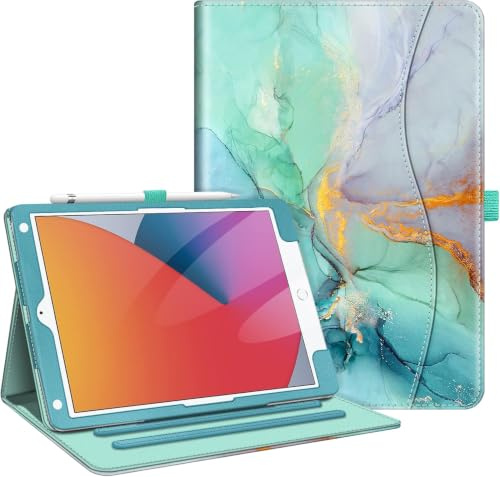 FINTIE Case for iPad 9th / 8th / 7th Generation (2021/2020/2019) 10.2 Inch | [Corner Protection] Multi-Angle Viewing Stand Cover with Pocket & Pencil Holder Auto Wake Sleep, Emerald Marble