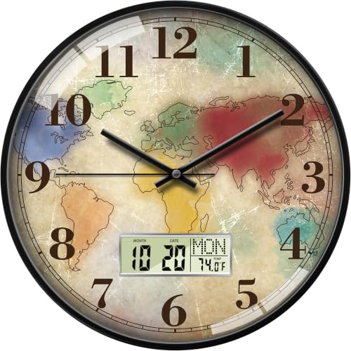 Modern Round Retro Digital and Analog Wall Clock Silent Calendar Colorful World Map Vintage Clocks with Date and Temperature Week Quiet Non-Ticking Kid Room Office Kitchen Decor for Bedroom 12 Inch | Silent Non-Ticking, Battery Operated, Shows Date Day & Temperature, Decorative for Living Room, Bedroom, Kitchen, Office