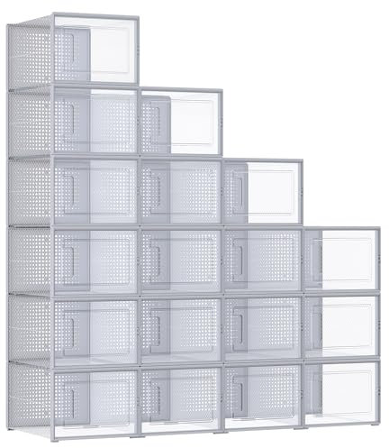 SONGMICS Schuhboxen, 18er Set, Schuh-Organizer aus Kunststoff, faltbar und stapelbar, für Schuhe bis Größe 46, transparent-grau LSP007G18