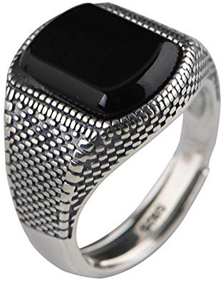 HGJH Anillos De Plata,925 Plata Esterlina Cuadrado Grande Anillo De Ónix Negro Natural Vintage Grueso Punk Anillos Ajustables Piedras Preciosas Energía Encanto Boda Joyería Regalos para Hombres Damas