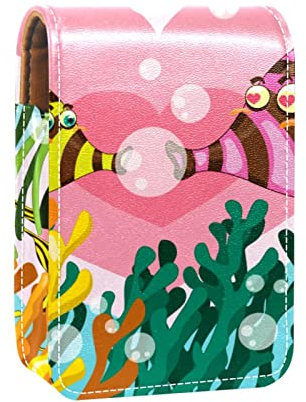 Lipgloss-Halter, Lippenstift-Etui, tragbare Mini-Lippenstift-Aufbewahrungsbox, Reise-Lippenstift-Organizer-Hülle mit Spiegel für Frauen, Fischpaar, Koralle, Mehrfarbig, 9.5x2x7 cm/3.7x0.8x2.7 in