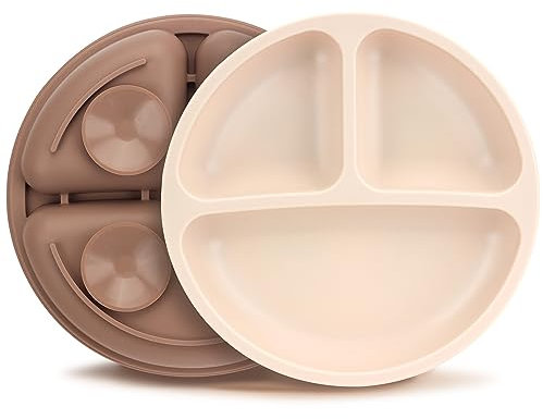 MOJINL Lot de 2 assiettes pour enfant avec ventouse - Antidérapantes - En silicone - Sans BPA - Passe au lave-vaisselle - Noyer beige