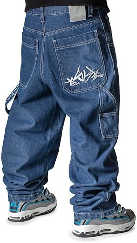 The blueskin Jeans Baggy Uomo Pantaloni Larghi per Uomo e Ragazzo Stile Skate Rap Baggy Hip Hop Blu Used Stone Wash Scuro - W 38 IT 52