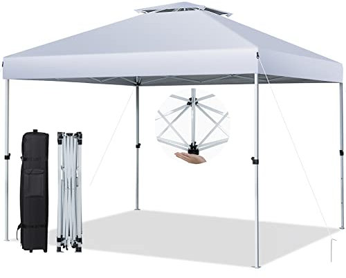 HOMASIS Pabellón plegable, Pabellón pop up impermeable con protección UV 50+, Pabellón de altura regulable con bolsa de transporte, Carpa de jardín con estructura metálica, 305x305cm (Blanco Plateado)