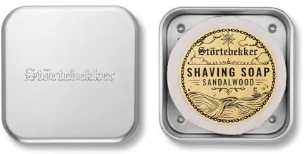 Störtebekker jabón de afeitar y juego de jabón - Juego de jabón de aluminio con jabón de afeitar en diferentes variantes - Jabón de afeitar vegano hecho a mano en fábrica de jabón (Sándalo)