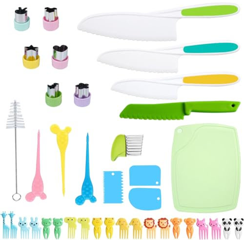 Everpwr 40 Stück kindermesser Set, Kinder Messer Ab 2 Jahre, Kinder Schneidemesser Inklusive Messer Schneidebrett Schäler, zum Schneiden und Kochen von Obst Oder Gemüse für Kleinkinder
